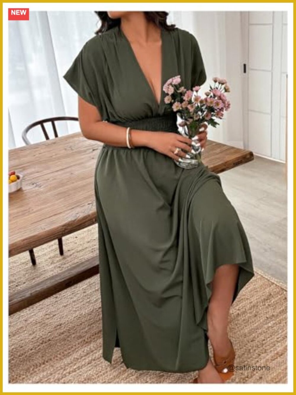 Deep V Neck Maxi Dress Short Sleeve Split Hem Flowy Summer - Picture 3 of 5